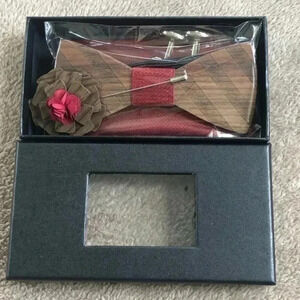 Deep Red Wood Wooden Bowtie Lapel Pin Cuff Links Pocket Square Set Formal Tux